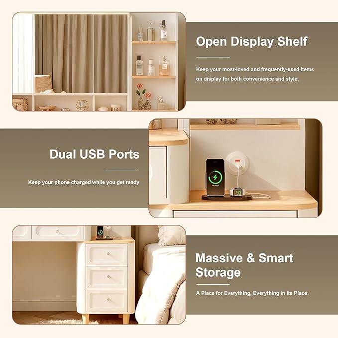 Vanity Desk with Mirror and Lights,Makeup Vanity with 2 USB Power Strip,Vanity Set with Two Drawers and Three-Drawer Chest, 3 Lighting Modes Adjustable Brightness, Foldable Three-Sided Mirror