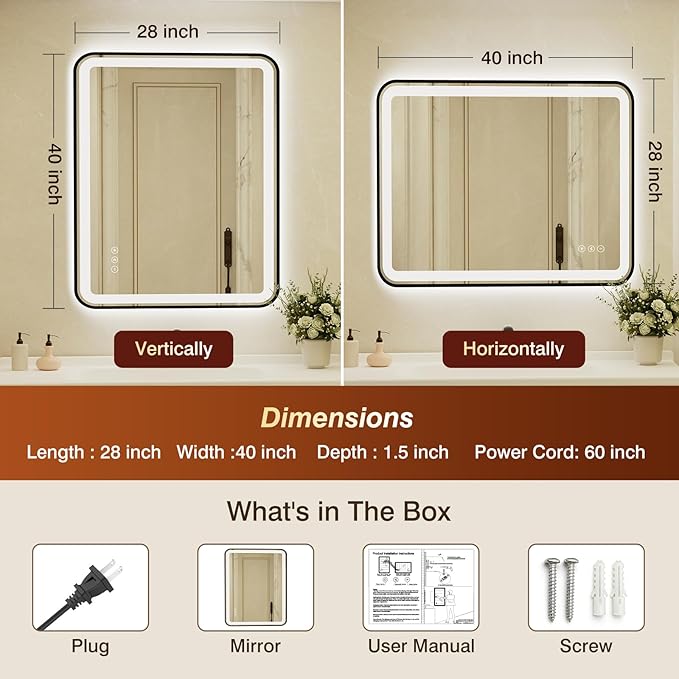 28x40 Inch Black Framed LED Bathroom Mirror with Lights, Built-in Bluetooth Speaker,Tempered Glass,Dimmable Lighted Bathroom Vanity Mirror with 3 Colors, Backlit + Frontlit, Memory, Anti-Fog