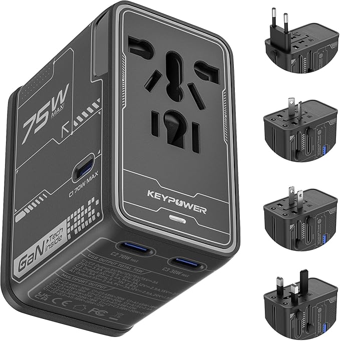 Universal Travel Adapter, 75W GaN International Power Adapter with 3 USB C and 1 USB A, All in One Travel Plug Adapter, Worldwide Outlet Wall Charger Converter for EU US UK AU 200+ Countries.