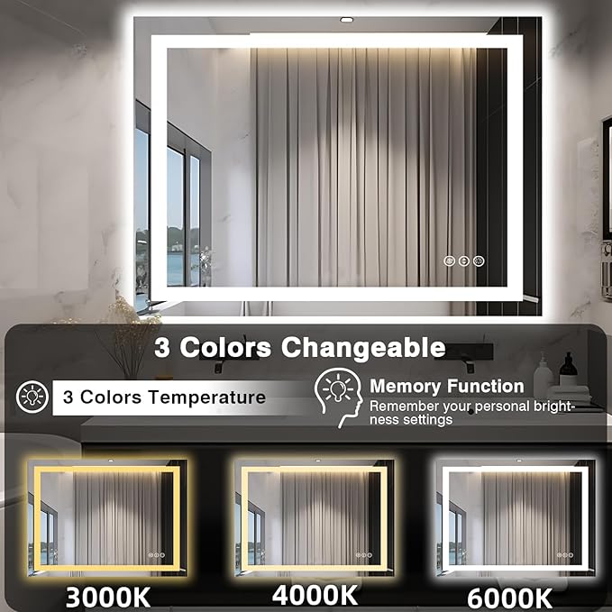 48"x40" LED Lighted Bathroom Mirror with Front Light and Backlit, Anti-Fog Bathroom Mirror with Lights, Stepless Dimmable LED Mirror, 3 Colors Smart Mirror (Horizontal/Vertical)