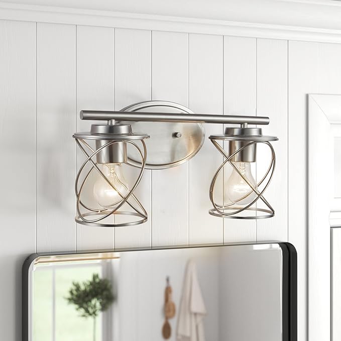 mavcadonf 2-Lights Vanity Lights, Bathroom Light Fixtures Over Mirror, Brushed Nickel Vanity Light, Farmhouse Wall Lights with Clear Glass Shade, Bathroom Wall Lamp for Mirror Kitchen Bedroom