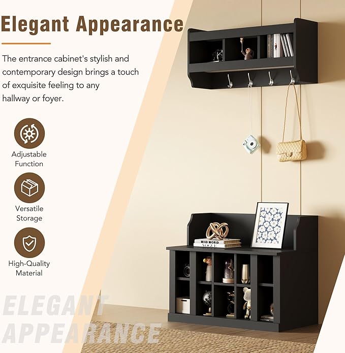 Shoe Storage Bench with Shelves and 4 Hooks, Entryway Hall Tree with Shoe Cabinets with Coat Rack