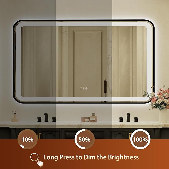 32x55 Inch LED Bathroom Mirror with Black Frame,Front and Backlit Vanity Mirror,Tempered Glass,Stepless Dimmable Wall Mirrors with Anti-Fog, 3 Colors, Memory, Waterproof, LED Smart Bathroom Mirror