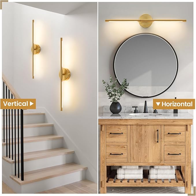 Lightania Wall Sconces Set of Two, 28'' Modern Gold LED Wall Lights, 360° Rotatable, 2700K-5000K Adjustable, Hardwired 3CCT Dimmable Wall Sconce Light Fixture for Living Room Bedroom Hallway, ETL