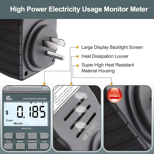Poniie PN2500 Professional NEMA 5-15 Wi-Fi Wireless Level 1 EV Charger Pass-Through Power Usage Monitor (60-240V, 25Amp)