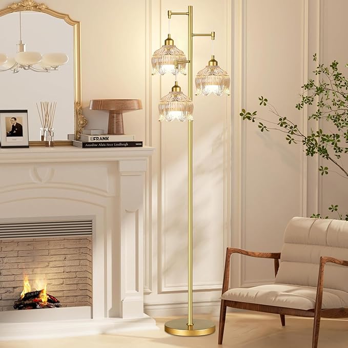 Vintage Floor Lamps for Living Room Bedroom-3 Light Gold Floor Lamp with Glass Lampshape, Flower Tall Lamp Glass Mid Century Standing Lamp Tree Floor Lamp for Living Room Corner