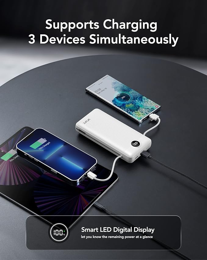 VRURC Power Bank 20000mAh, Fast Charging Portable Charger USB C,4 Output 2 Input Travel Essentials Charging Bank Equipped with LED Display,Built-in Wall Plug and Cables,Phone Charger Battery,White