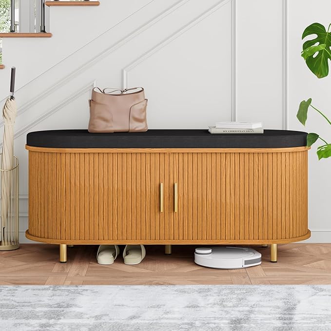 Entryway Bench with Storage: 43.31" Wooden Bedroom Shoe Bench with Thickened Padded Seat Cushion, Mid Century Modern Fluted Sliding Door and Adjustable Shelf, for Entryway, Living Room