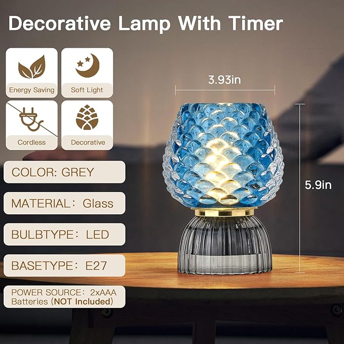 Battery Operated Lamp with Timer, Cute Small Cordless Glass Table Lamp for Home Decor, Kitchen, Bathroom, Birthday Gift for Women, Pinecone, Blue