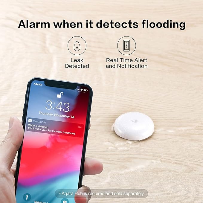 Aqara Water Leak Sensor, Zigbee Wireless Water Leak Detector for Alarm System and Smart Home Automation, Requires AQARA HUB, App Notifications, for Kitchen, Bathroom, Basement, Works with IFTTT