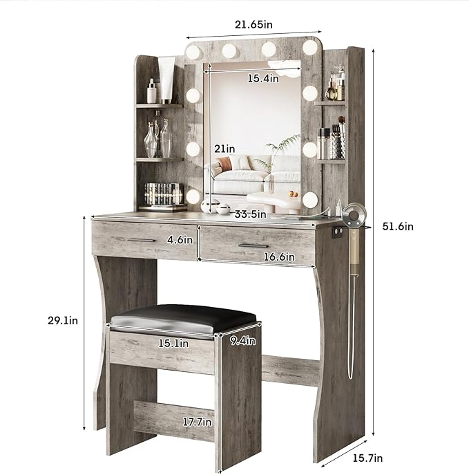 Vabches Vanity Desk with Mirror and Lights,Makeup Vanity Table with Charging Station,2 Drawer Bedroom Dressing Table with 3 Colors Modes Dimming & Cushioned Stool,Light Rustic Oak