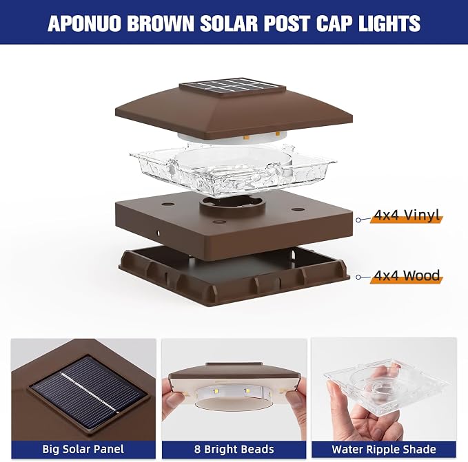 APONUO Solar Post Cap Lights for 4x4 Posts - IP64 Waterproof, 3000/6500K LED, Wireless Fence Lights & Deck Lights for Patios, Gardens, and Yards, Brown-Warm/Cool White, 8-Pack