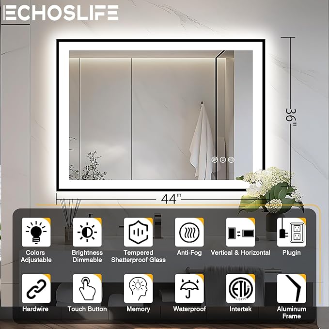 44x36 LED Light Mirror for Bathroom - Black Framed Mirror (Front and Backlit), Anti-Fog Bathroom Vanity Mirror, Stepless Dimmable Lighted Mirror, Tempered Glass, Memory (Horizontal/Vertical)