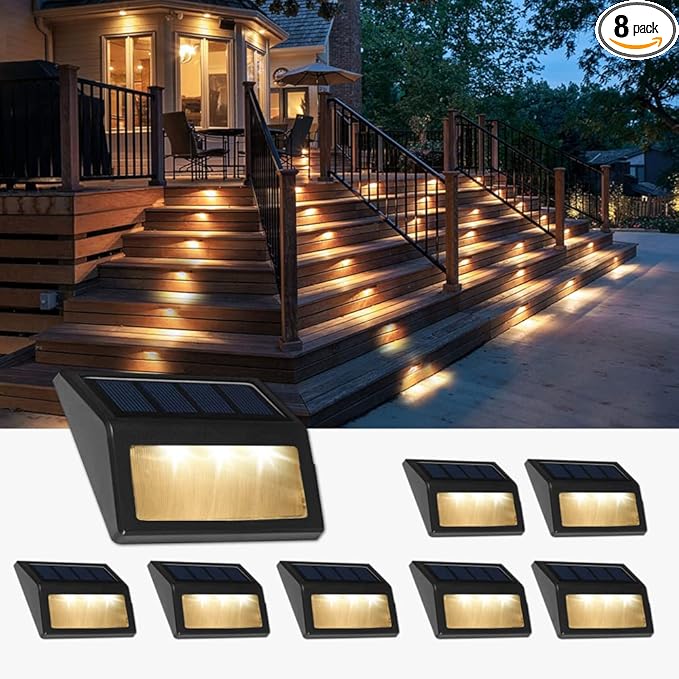 Solar Lights Outdoor, Waterproof Solar Powered Deck Step Lights for Patio Garden Backyard Garage Driveway Pathway Outside Wall Lighting (Warm White/8 Pack)