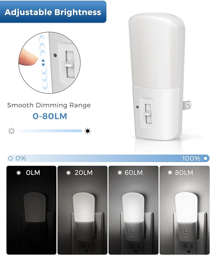 L LOHAS LED Dimmable Night Light[2 Pack], Plug in Night Lights with Dusk to Dawn Sensor, Daylight 5000k from 5-80 LM Brightness Adjustable, Bright Mini Wall Nightlight for Kids Room, Stairway