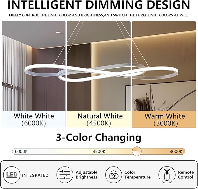 Modern LED Chandelier Dining Room Pendant Light Dimmable Creative Chandelier Remote Control Color/Brightness 3000-6000K Adjustable Hanging Lamp for Bedroom Living Room Kitchen (Silver)