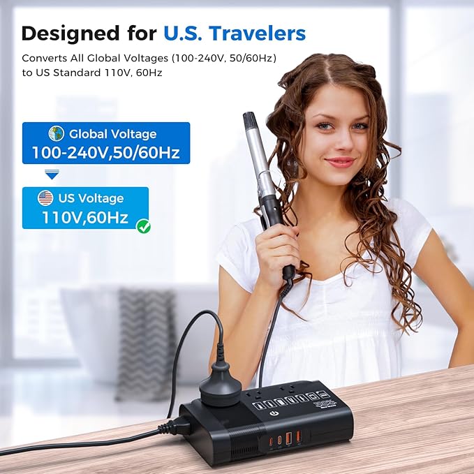 DOACE 500W Max Pure Sine Wave Voltage Converter Us to Europe, 220V to 110V Converter 50Hz to 60Hz Transformer for European Travel, Power Converter Adapter Combo for CPAP Hair Straightener Laptop Phone