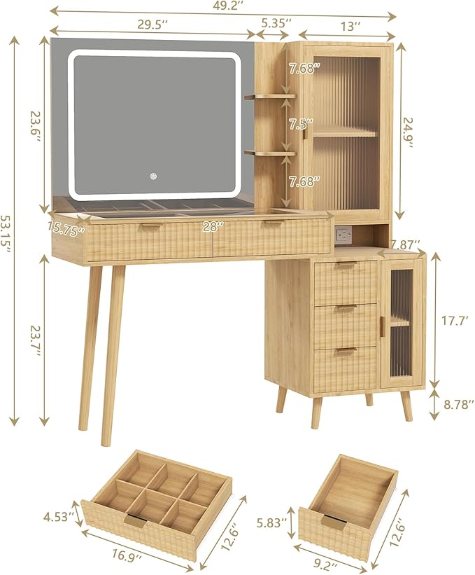49" Wood Vanity Desk with Mirror and Lights, Boho Fluted Makeup Vanity Table with Modern Glass Top, Charging Station, 5 Drawers, 2 Cabinet with Adjustable Shelves, Salon Station, Natural Oak