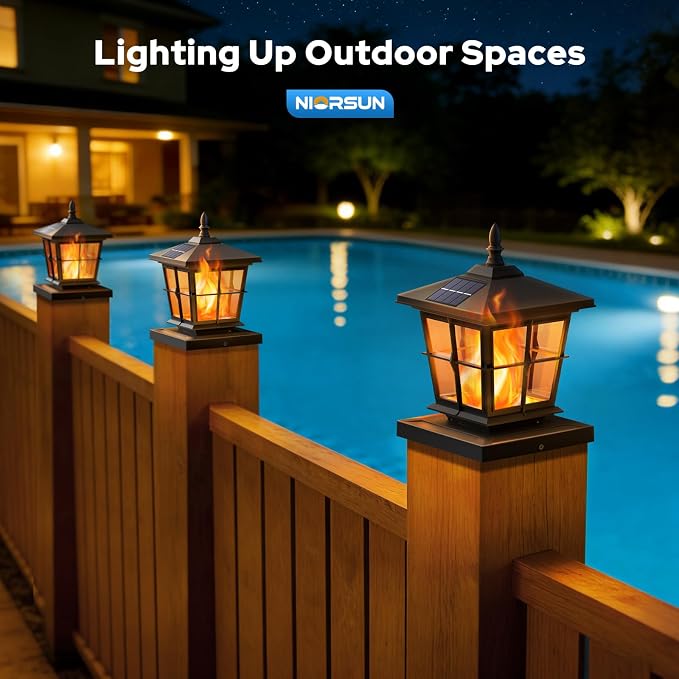 NIORSUN Solar Post Lights Outdoor, Fence Post Solar Lights with Flickering Flame Light, Waterproof, Garden Patio Fence Deck Decor, 4x4 Posts Caps, 4x4, 5x5 Wooden & Vinyl (6 Pack, Black)