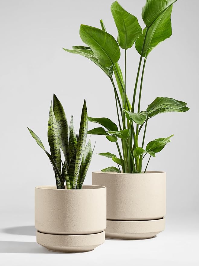 LE TAUCI Large 14 Inch Plant Pot with Saucer | Ceramic Outdoor & Indoor Big Planter Pot | Drainage Hole, Mesh Pad & Plug | Unglazed Porous | Modern Minimalist for Home and Patio – Speckled Oat