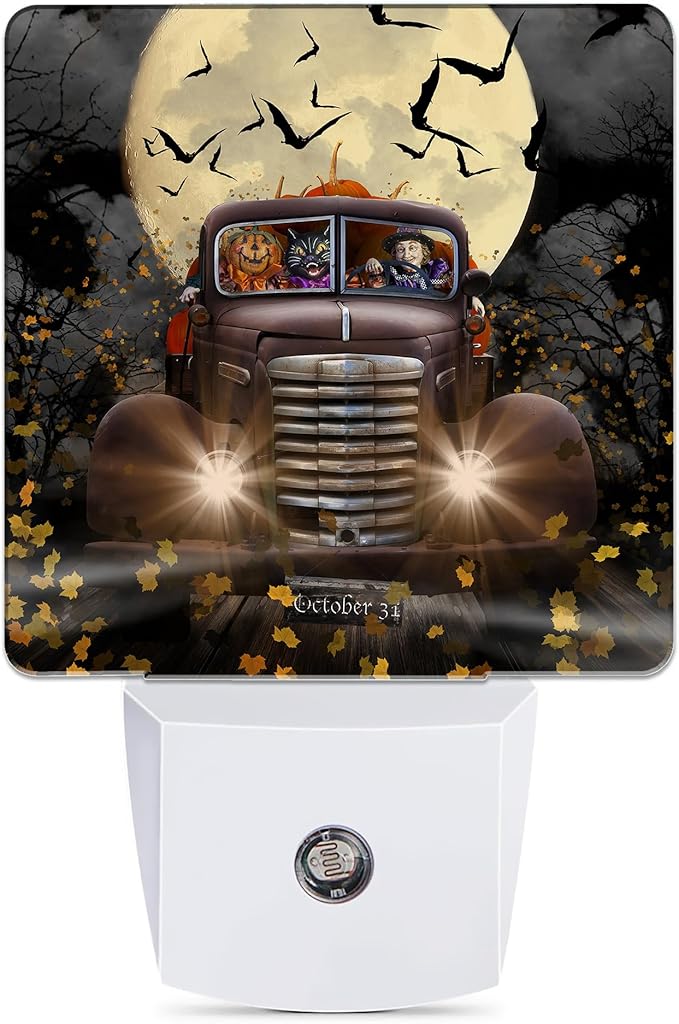 Halloween Truck Night Light, Witch Cat Pumpkin Night Lights Plug into Wall Decorations for Bedroom, Bathroom, Dusk to Dawn Sensor Nightlights for Girls Women Room Gifts