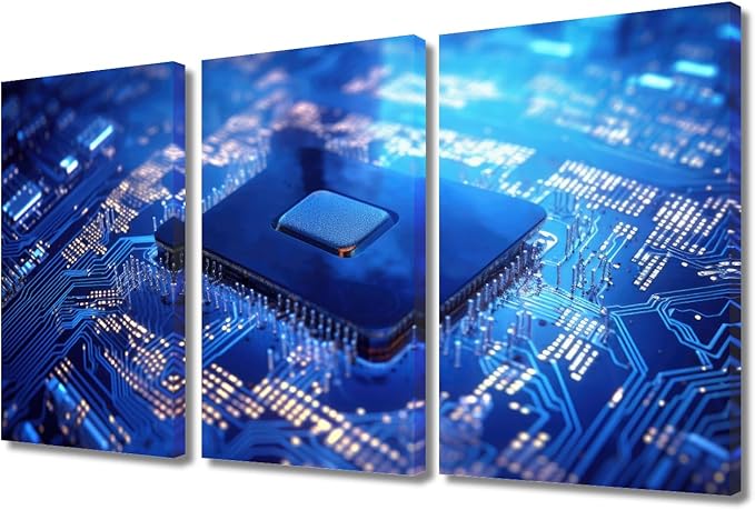 TUMOVO Circuit Board Pictures for Living Room Wall Decoration Semiconductor Chip Wall Art Chip Artwork on Canvas Modern Home Decor 3 Pieces Posters and Prints Framed Ready to Hang, 36" Wx24 H