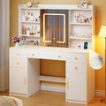 Vanity Desk with LED Lights & Sliding Mirror, Makeup Vanity with Lights, Power Outlet, White Vanity Desk with 5 Drawers & 2 Cabinets, 6 Storage Shelves for Bedroom