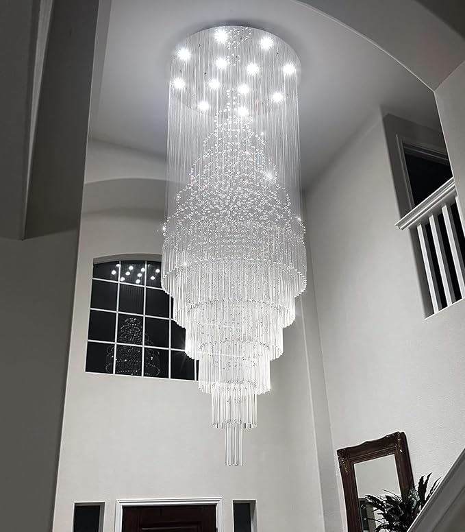 W32 x H100 Glam Chandelier with LED Bulbs Crystal Raindrop High Ceiling Pendant Light for Entrance Large Villa Chandelier Foyer Lighting Fixtures Silver