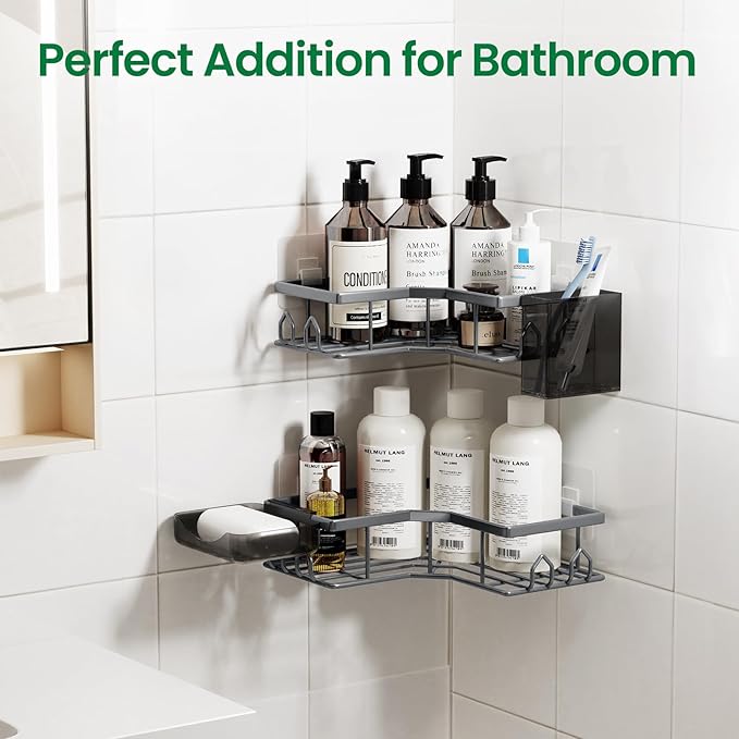 Adhesive Shower Caddy, 2 Pack Corner Bath Organizer, Rustproof Stainless Steel Shower Shelves with Large Capacity, No Drilling Shelves for Bathroom Storage, Home, Kitchen Decor (Dark Grey).