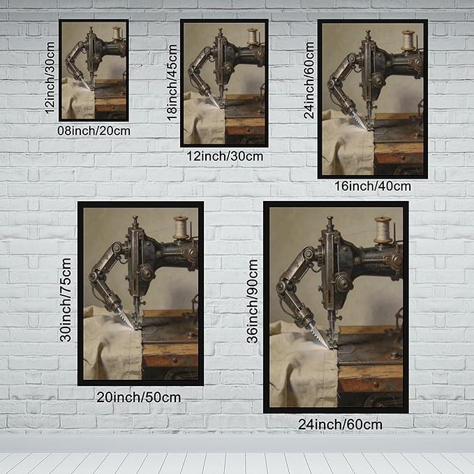 Framed Steampunk Mechanical Sewing Machine Wall Art - Retro Industrial Workshop Poster for Home Office Studio Decor 08x12in