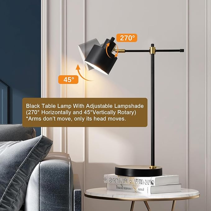 OYEARS Modern Industrial Desk Lamp for Reading LED 22.2“ Metal Table Lamp Light for Office Bedroom Study Room Living Room Nightstand Bedside Lamps Gold and Matte Black Accent (Black, Bulb Included)
