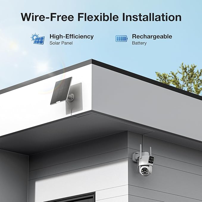 Dual Lens Solar Security Cameras Wireless Outdoor, 2K Full HD Video, 360° View Pan/Tilt Home Security Camera with Color Night Vision, Easy to Install, PIR Alarm, 2.4GHz WiFi