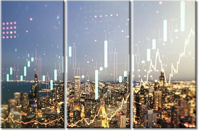 3 Panel Chicago Cityscape Background Financial and Trading Concept Canvas Wall Art Virtual Financial Graph Hologram Canvas Paintings Wall Decor for Living Room Framed Ready to Hang (60"Wx40"H)