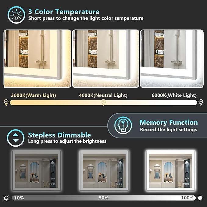 48x32 Brushed Nickel LED Bathroom Mirror with Lights, Sliver Framed Backlit and Front Lit Anti-Fog Lighted Vanity Mirrors for Bathroom Wall, Dimmable, 3 Colors, Memory, Tempered Glass, CRI＞90