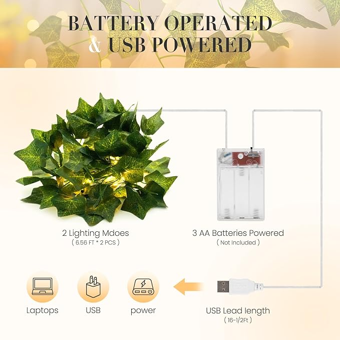 KASZOO 2 Pack 6.56 Ft Vine with Fairy Lights, 80LEDS Battery/USB Operated, Vine String Lights, Ivy Garlands with Fairy Lights for Bedroom Party Wall Room Hanging Decor