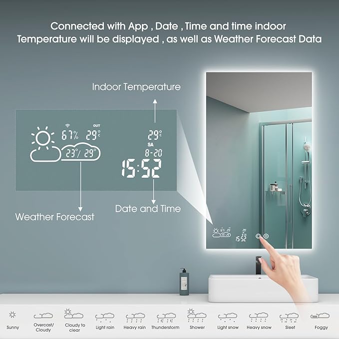 BYECOLD Bluetooth Smart Bathroom Mirror 24"x 32", Lighted Bathroom Vanity Mirror with WiFi Enabled Weather Display, Anti-Fog, Backlit 3 Colors, Memory Function Touch Sensor - Vertically Hangs