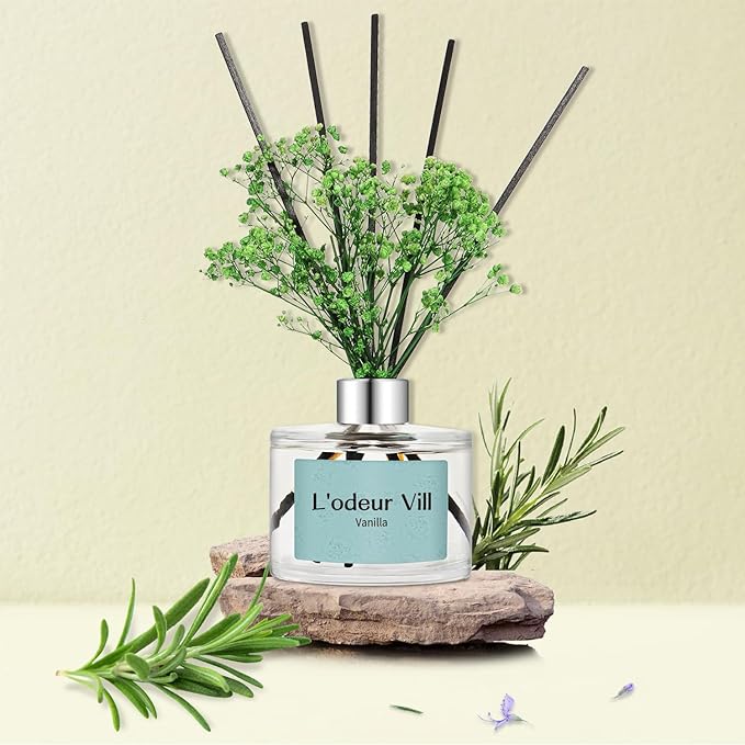 L'odeur Vill Reed Diffuser Set, 6.7 oz(200ml) Vanilla Scented Diffuser with 6 Oil Diffuser Sticks, Home Fragrance Essential Oil Reed Diffuser for Home Large Rooms Bathroom Shelf Decor