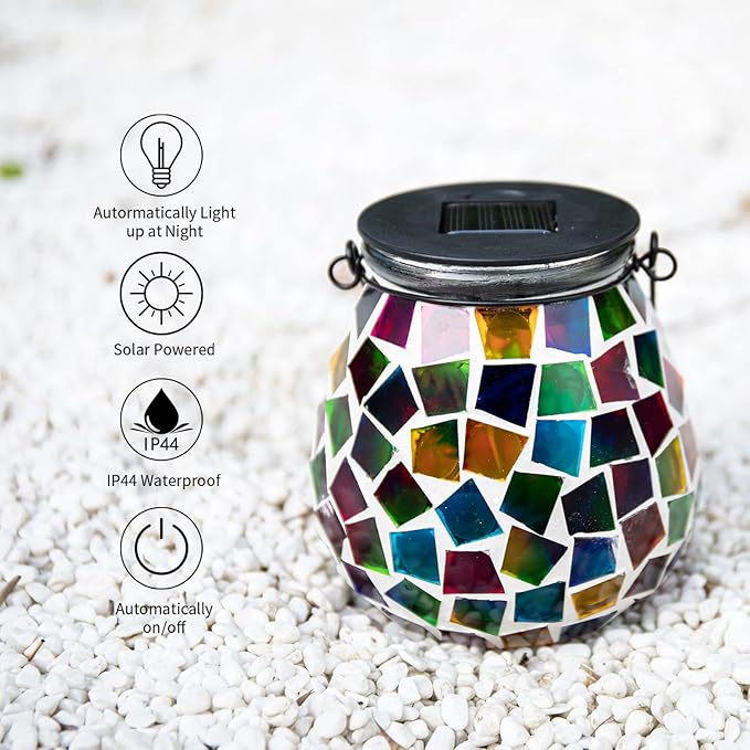 Afirst Mosaic Solar Lanterns Outdoor - Glass Hanging Solar Lights Hollow Out Waterproof Table Lamp Outdoor Decorative for Garden, Patio, Holiday Party Outdoor Decoration