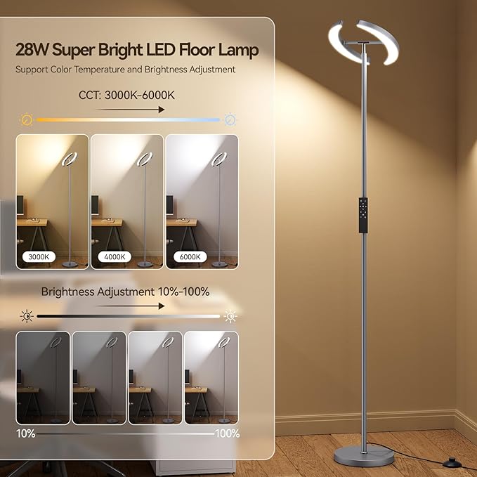 SUNMORY Floor Lamps for Living Room, 28W Bright LED Floor Lamp with 2 Rotatable Lights & Remote Control, 74" Tall Standing Lamp with Stepless Dimmable, Modern Reading Corner Lamp for Bedroom, Office