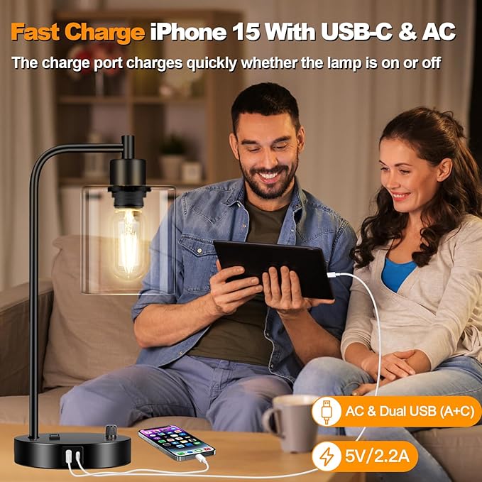 Industrial Table Lamp with USB A+C Ports and Outlet, Fully Stepless Dimmable Modern Nightstand Lamp, Glass Shade Bedside Desk Lamp for Bedroom Living Room Office, 8W 2700K LED Edison Bulb Included.