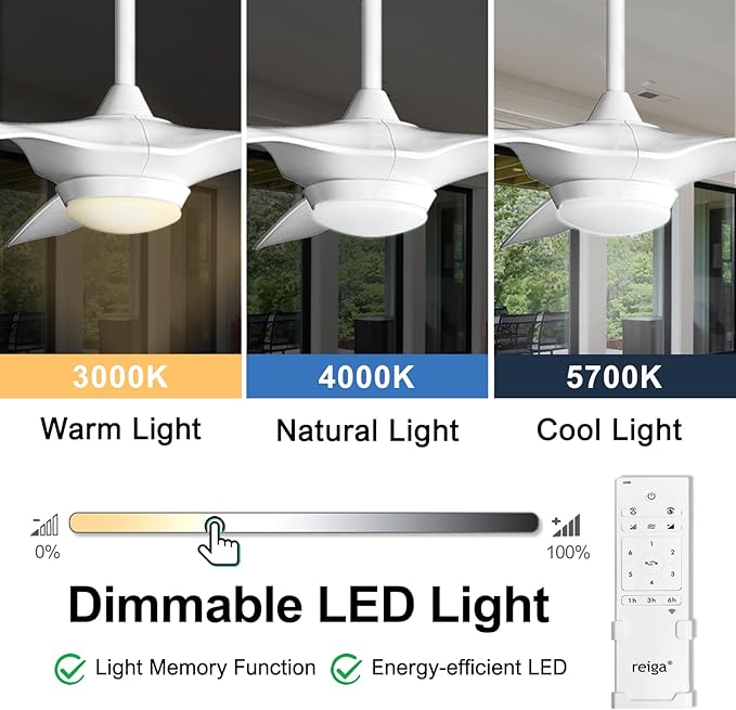 reiga 52 Inch Smart White Ceiling Fan with Light and Remote, ETL Listed Quiet DC Motor 3 Blade Indoor Outdoor Ceiling Fans for Bedroom Living Room Patios