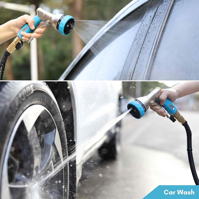 HOSUN Garden Hose Nozzle Sprayer Heavy Duty, 100% Metal Water Hose Nozzle with 8 Spray Patterns, High Pressure Hose Spray Nozzle with Non-Slip Grip for Watering Plant & Lawn, Washing Car & Pet, Blue