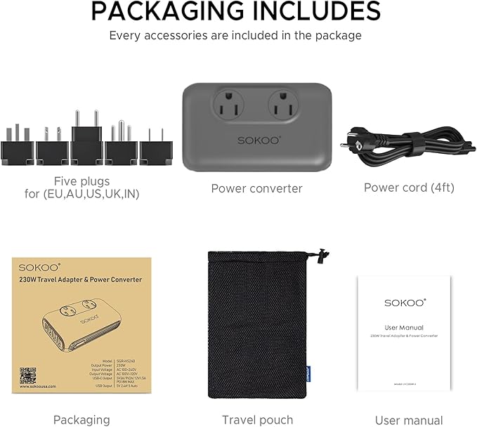 SOKOO 230-Watt Step Down 100-220V to 110V Voltage Converter, International Power Converter/Travel Adapter- Use for EU/UK/AU/US/India More Than 150 Countries, USB Quick Charger 3.0 Grey