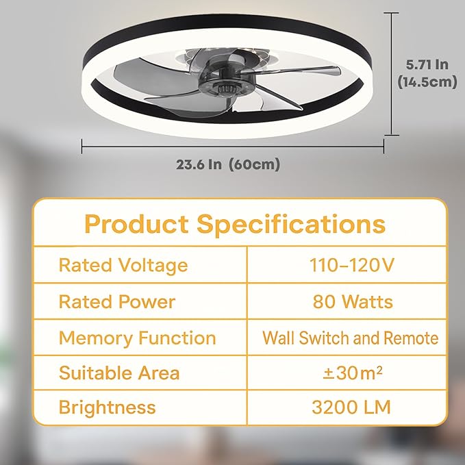 23.6'' Ceiling Fan with Light, Upgraded Low Profile Fan, Flush Mount Ceiling Fan, 6 Speeds, Dimmable LED, App & Remote Control, Quiet DC Motor, for Bedroom, Living Room, F115 Black