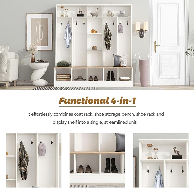 Modern Hall Tree with Coat Rack and Storage Bench, 4-in-1 Minimalist Hallway Coat Hanger Shoe Cabinet with Cube Storage & Shelves Multifunctional Entryway Bench with 8 Hooks for Mudroom, White
