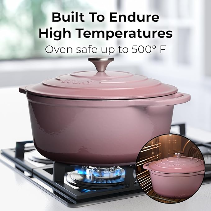 Zulay Kitchen 7.7 Quart Enameled Cast Iron Dutch Oven Pot with Lid – Premium Durability & Oven Safe up to 500°F – Heavy Duty Cookware Perfect for Bread Baking, Stews, Braising & Roasting – Pink