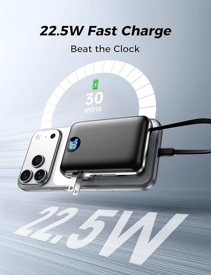 Portable Charger with Built in Cables & Wall Plug,10000mAh Power Bank, 4 Outputs,22.5W USB C Fast Charging,Slim Travel Essential Battery Pack with LED Display for iPhone 17/16/15/14 Series,Black
