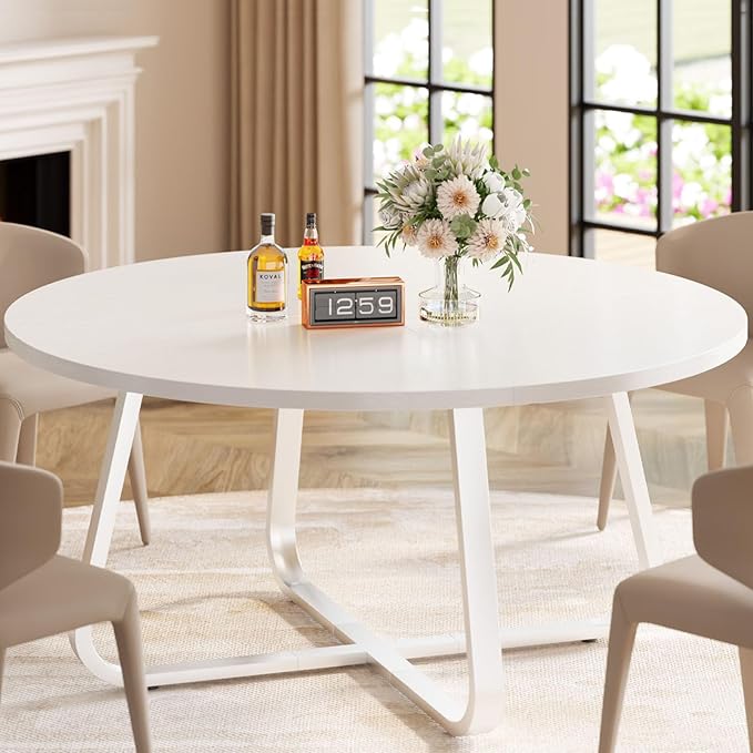 LVB Round Dining Table, Modern Wood Metal Kitchen Table, Industrial Small Dinner Room Tables for 4 to 6 People, Circle Coffee Dining Room Tables for Home Kitchen Living Room,White Oak, 51 Inch