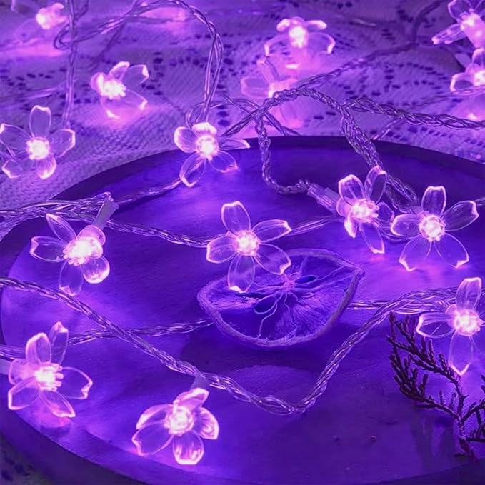 Decorative Flower String Lights, 33ft 100 LED Clear Wire Plug in Fairy Lavender Cherry Blossom Easter Christmas Hanging Decorations, Violiet Wedding Party Indoor Outdoor Decorations (Purple)