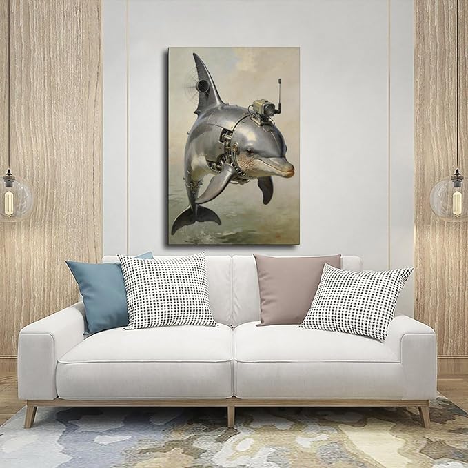 Framed Steampunk Mechanical Dolphin Wall Art - Marine Retro-Futuristic Poster for Beach House Living Room Decor 20x30inch(50x75cm)